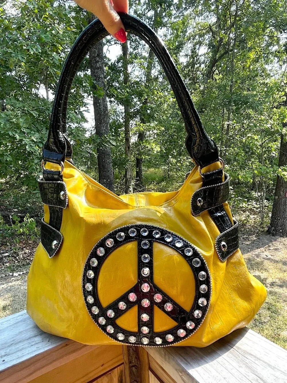 Y2K Boho Yellow Peace Sign Rhinestone Hobo Bag Festival Statement Purse